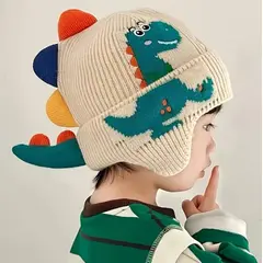 GENERICO - GORRO CREMA TEJIDO DE LANA PARA NIÑO DINOSAURIO CON OREJERAS INVIERNO INFANTIL