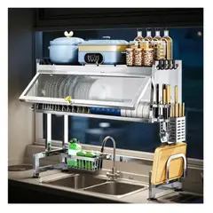 GENERICO - Escurridor organizador de Platos con tapa de Acero inoxidable y accesorios