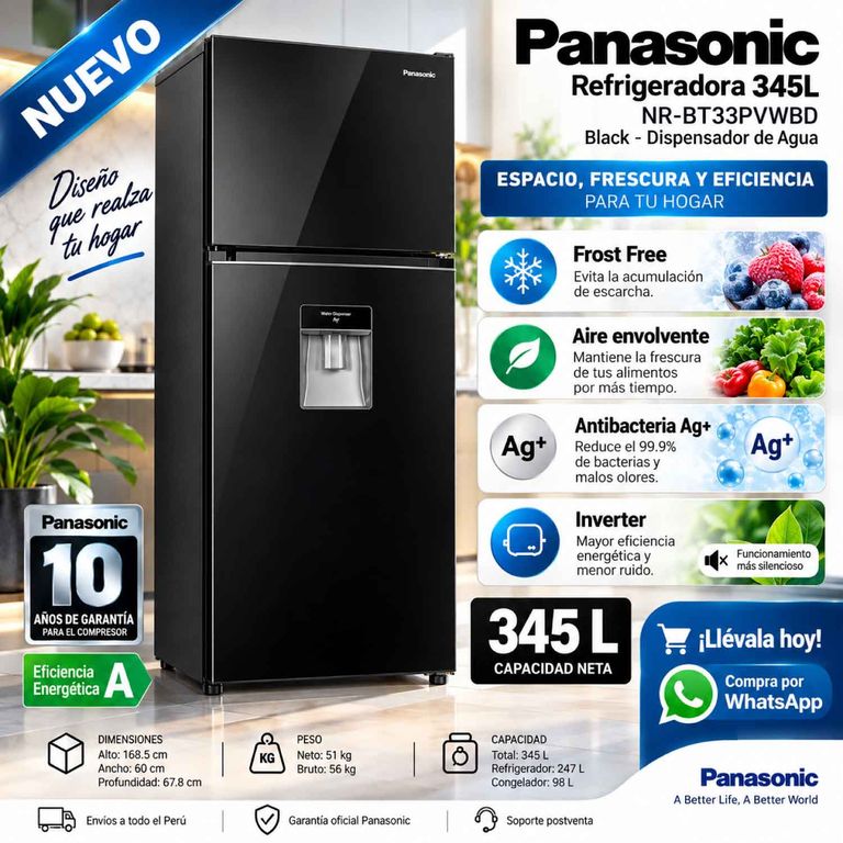 REFRIGERADORA 345L CON DISPENSADOR DE AGUA BLACK INOX NR-BT33PVWBD