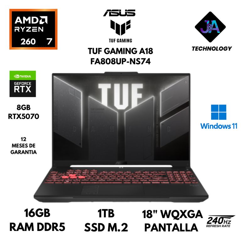 LAPTOP TUF GAMING A18 FA808U AMD R7 260 16GB 1TB SSD 8GB RTX5070 18" WQXGA WINDOWS 11 AMERICANA