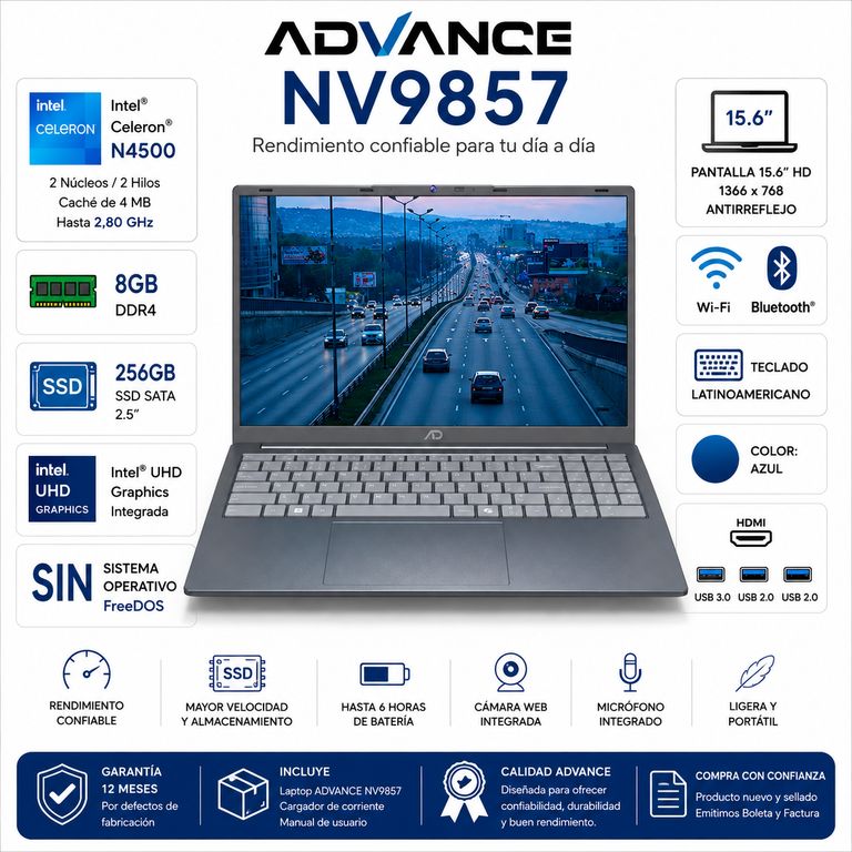 Laptop NV9857 Intel Celeron N4500 8GB RAM 256GB SSD 15.6 FreeDOS Gris