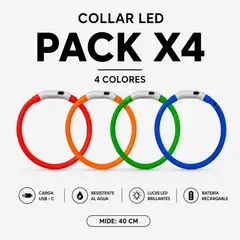 GENERICO - Pack x4 Collar LED Recargable para Mascotas 40 cm - 4 Colores Luz de Seguridad Nocturna