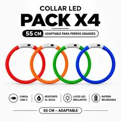 HAMACAS LIZARASO - Pack x4 Collar Luminoso LED para Perros Grandes 55 cm USB-C 4 Colores Alta Visibilidad