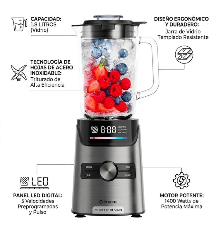 Licuadora BLS1418 1400W Digital con Vaso de Vidrio 1.7L