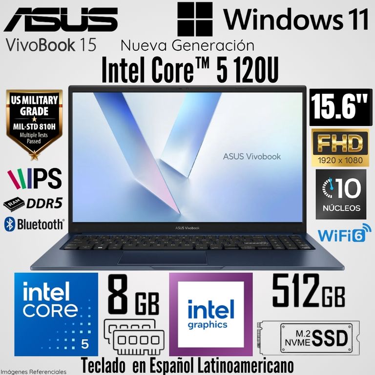 Laptop Vivobook 15 X1504VA-BQ4454W Intel Core 5 120U 8GB RAM 512GB SSD 15.6" FHD Win 11 Home