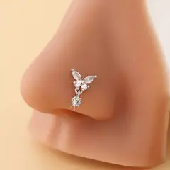 GENERICO - Piercing para nariz nostril en forma de L mariposa diseño colgante plateado
