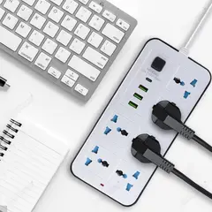 GENERICO - Cable de extensión de regleta plana Tomacorriente 6 Tomas con 3 Puertos USB