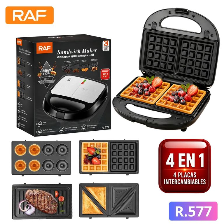 Maquina RAF para Hacer Donuts Donas, Sandwichera, Waflera, Parrilla Carnes 4 en 1 RAF R577