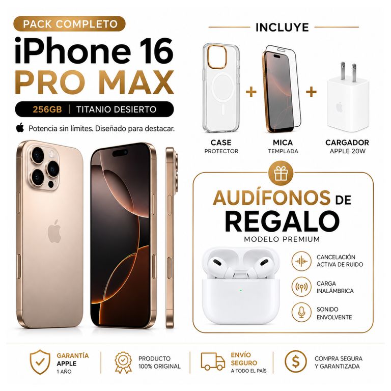 IPHONE 16 PRO MAX CHIP FISICO 256GB DESSERT + CARGADOR + MICA + CASE + AUDIFONOS