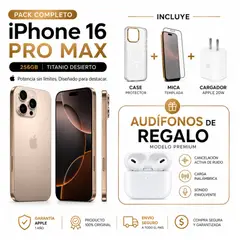 APPLE - IPHONE 16 PRO MAX CHIP FISICO 256GB DESSERT + CARGADOR + MICA + CASE + AUDIFONOS