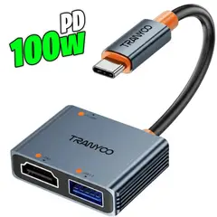 TRANYOO - Adaptador Tipo C 3 en 1: HDMI + USB3.0 Tipo C potencia 100W Calidad Premium