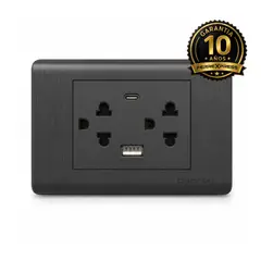 FERREXPRESS - Tomacorriente Doble CTierra Doble Toma USB A y C Enchufe- Negro