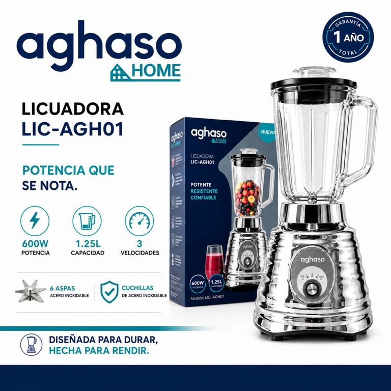 LICUADORA HOME LIC-AGH01 VASO 1.25L 3 VELOCIDADES CUCHILLA DE 6 ASPAS