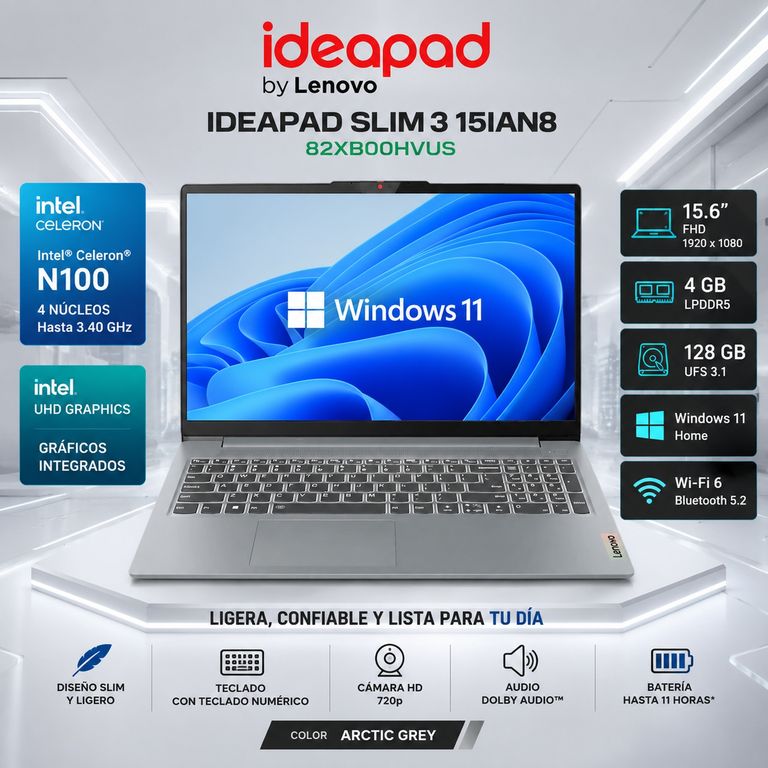 Laptop IdeaPad Slim 3 Intel N100 4GB 128GB UFS 15.6" FHD Win11 Grey 82XB00HVUS