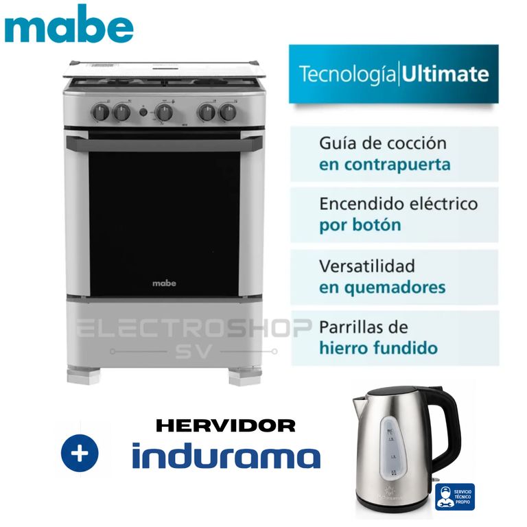 COCINA CMP6010FG1 A GAS DE 4 HORNILLAS SILVER + HERVIDOR INDURAMA