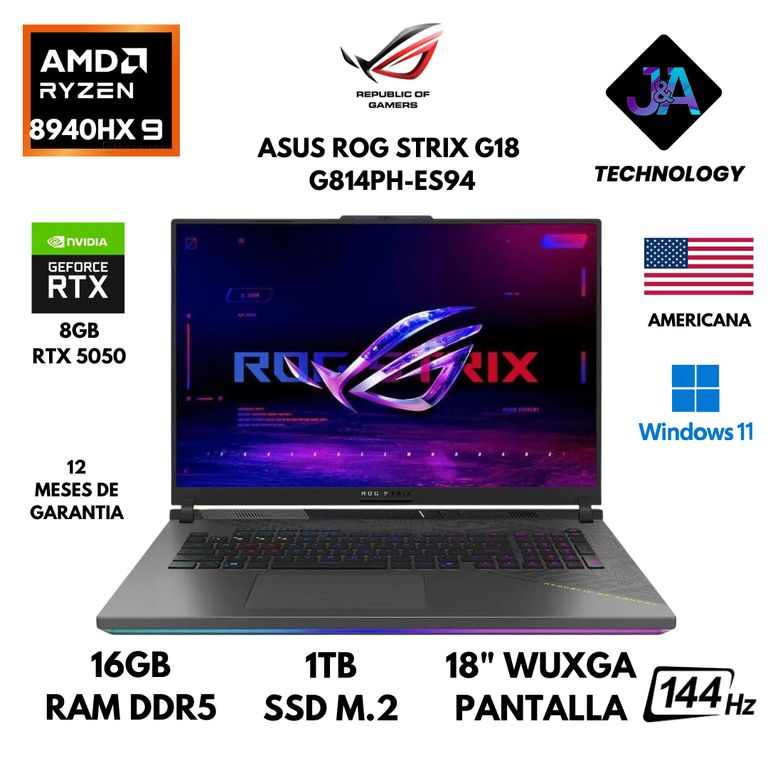 LAPTOP ROG STRIX G18 G814PH-ES94 AMD R9 8940HX 16GB 1TB SSD 8GB RTX5050 18" WUXGA WIN 11 US
