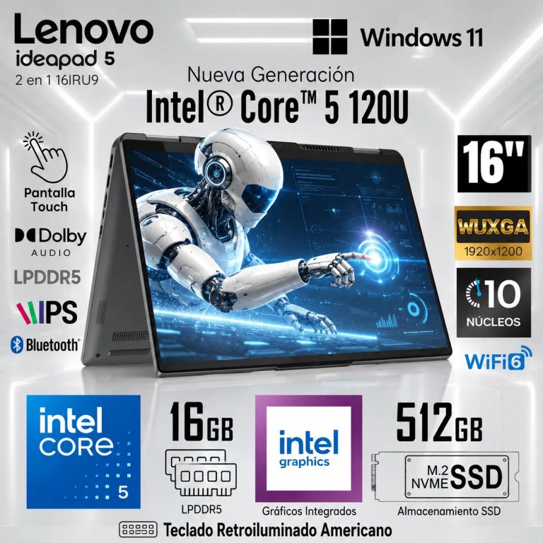 Laptop IdeaPad 5 2 en 1 16IRU9 Intel Core 5 120U 16GB RAM 512GB 16" WUXGA Táctil 83DU004VUS