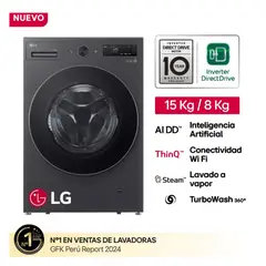 LG - Lavaseca Automática 15Kg Lavado 8Kg Secado Carga Frontal Negro WD15EBNTSPG