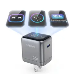 MICCELL - Cargador GaN 45W PD con Pantalla TFT Cable Integrado y Carga Rápida Samsung