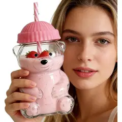 GENERICO - Tomatodo Oso Rosa de Vidrio Borosilicato con Sorbete – 650 ml