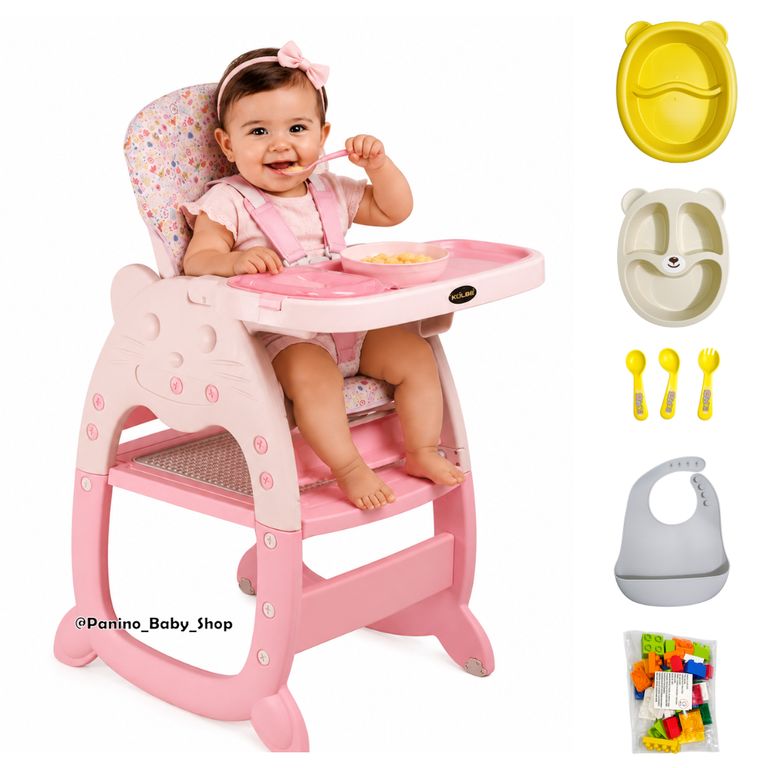 -Silla de Comer Carpeta 3 en 1 con Bluetooth -GATO- Rosa Pastel
