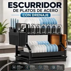GENERICO - Escurridor de Platos 2 Niveles de Acero con Drenaje y Porta Vasos – Negro