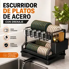 GENERICO - Organizador De Cocina 2 Niveles De Acero con Escurridor De Platos y Porta Vasos – Negro