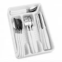 GENERICO - SET DE CUBIERTOS ACERO INOXIDABLE CON MANGO DE PLASTICO Y ORGANIZADOR DE CAJON MODELO GRANDE x25PCS COLOR BLANCO