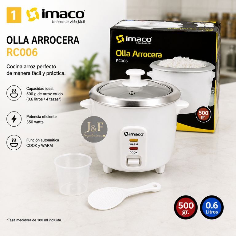 OLLA ARROCERA RC006 0.6L 350 W TAZON ANONIZADO, TAPA DE VIDRIO, CUCHARA Y VASO (COLOR BLANCO)