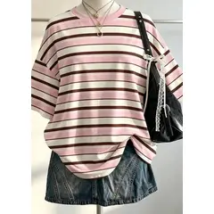 GENERICO - Polo Oversize a Rayas Rosa y Café