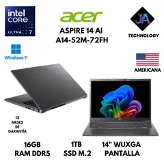 ACER - LAPTOP ASPIRE 14 AI A14-52M-72FH ULTRA 7 256V 16GB RAM 1TB SSD 14" WUXGA WINDOWS 11