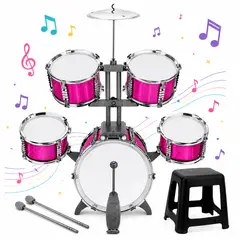 GENERICO - Juego de Bateria Jazz 5 Tambores con Banquito Fucsia