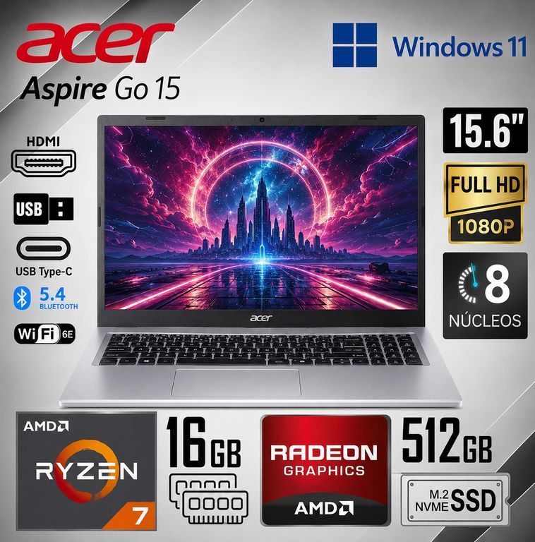 Laptop Aspire Go 15 Ryzen 7 7730U 16GB RAM 512GB SSD 15.6" FHD Win11 AG15-42P-R917