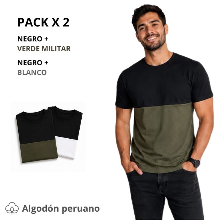 PACK 2 POLOS hombre - algodón peruano Negro Blanco Verde Militar