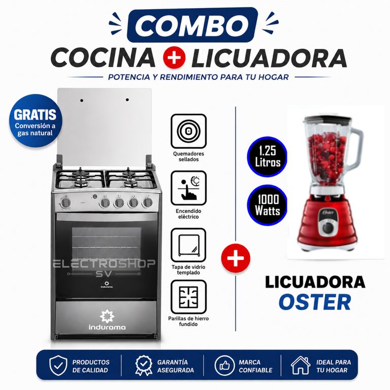 COCINA CORUÑA DE 4 HORNILLAS GRIS + LICUADORA OSTER ROJO