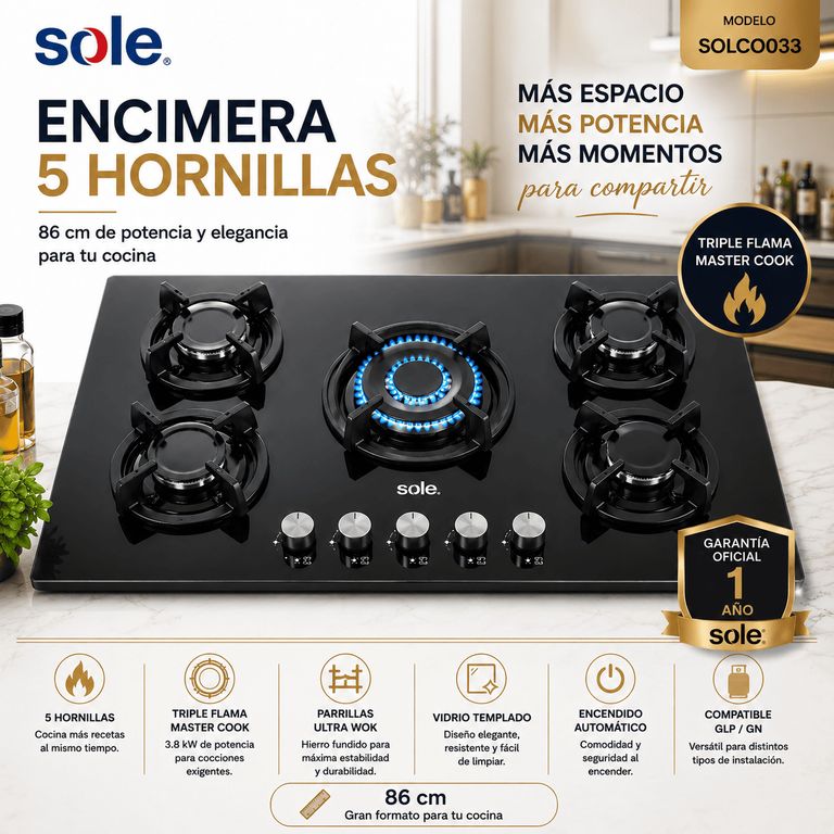 Encimera 5 Hornillas 86 cm Vidrio Templado Triple Flama SOLCO033