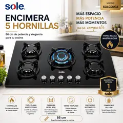 Sole - Encimera 5 Hornillas 86 cm Vidrio Templado Triple Flama SOLCO033