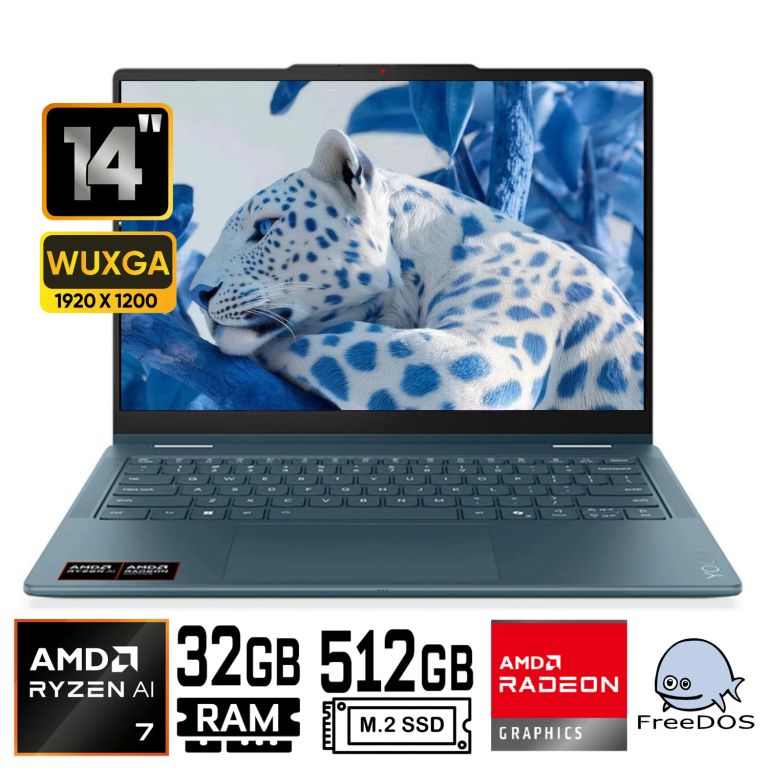 Laptop Yoga 7 2- in- 1 14AGP11, AMD Ryzen 7 AI 445 Ram 32GB SSD 512GB 14"WUXGA Táctil FreeDos