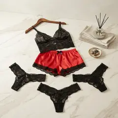 GENERICO - Pack Duo Lencería: Pijama de Satén y Encaje (Camisola + Short) + Set de 3 Trusas de Encaje