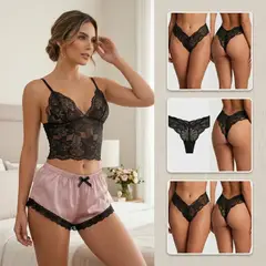 GENERICO - Pack Duo Lencería: Pijama de Satén y Encaje (Camisola + Short) + Set de 3 Trusas de Encaje