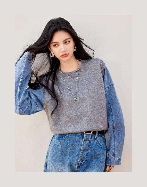 Chompa de Hilo Con Mangas Jean Modelo Coreano Importado