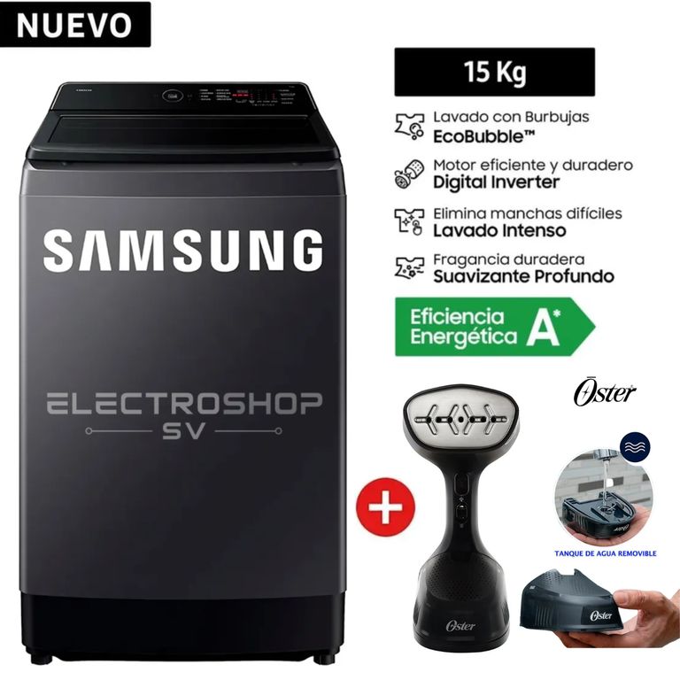 Lavadora 15Kg WA40F15E4CPE EcoBubble Gris Grafito + Vaporizador de Prendas Oster