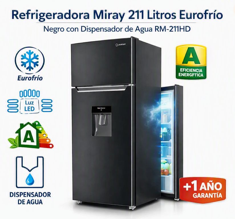 Refrigeradora 211 Litros Eurofrío Negro con Dispensador de Agua RM-211HD + 1 año de Garantía