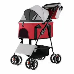 GENERICO - Coche Para Perros Plegable y Desmontable 4 Ruedas Rojo