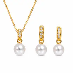 GENERICO - Set de Collar y Aretes con Perlas Blancas y Cristales Dorados, baño de oro 18k