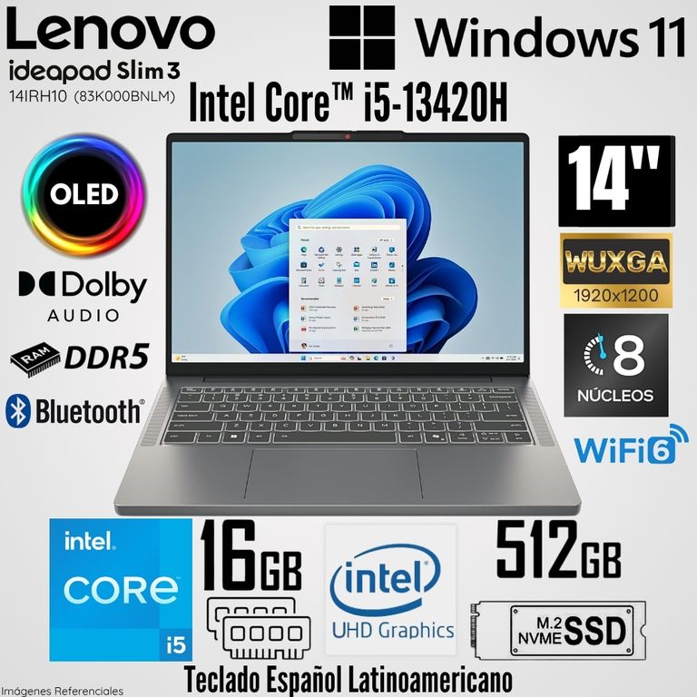 Laptop IdeaPad Slim 3 14IRH10 Intel Core i5-13420H 16GB RAM 512GB SSD 14" OLED WUXGA