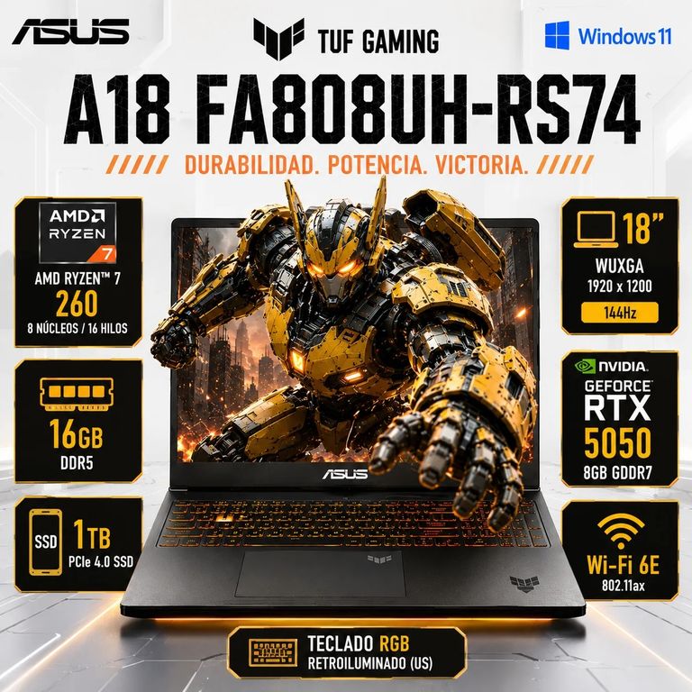Laptop TUF Gaming A18 18" WUXGA 144Hz Ryzen 7 260 16GB 1TB RTX 5050 FA808UH-RS74