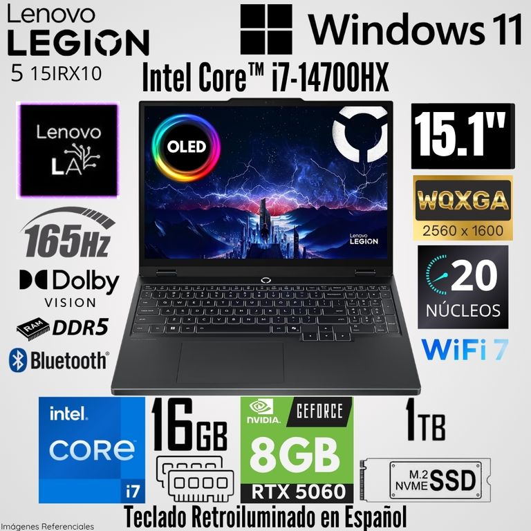 Laptop Legion 5 15IRX10 Intel Core i7-14700HX 16GB RAM 1TB SSD RTX 5060-8GB 15.1" OLED 165 Hz