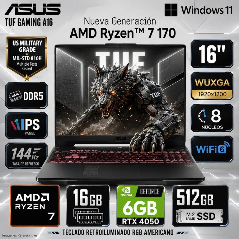 Laptop TUF A16 FA607NUQ-WS73 Ryzen 7 170 RTX 4050 6GB 16GB RAM 512GB SSD