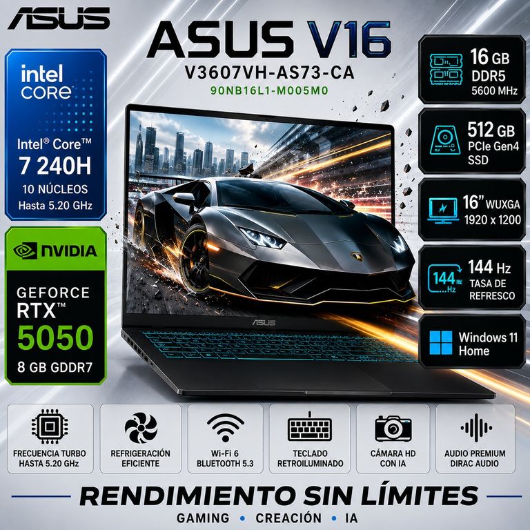 Laptop V16 Core 7 240H 16GB DDR5 512GB SSD RTX 5050 8GB 16" WUXGA 144Hz V3607VH-AS73-CA